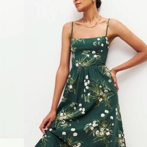 XS Reformation Baina Dark Green Floral Midi Dress, Organic Cotton